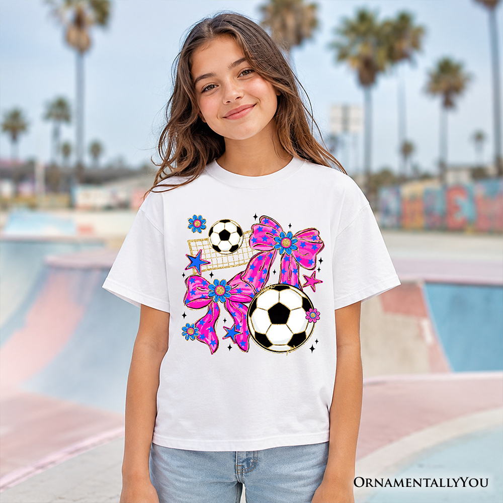 Kids Soccer Coquette Pink Bow T-Shirt, Preppy Game Day Youth Tee