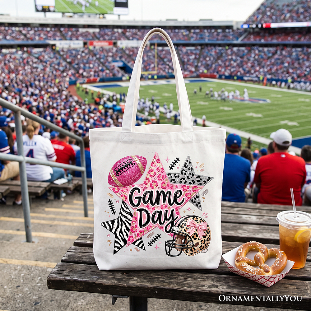 Leopard Pink Stars Football Tote Bag, Coquette Game Day Gift Shopper