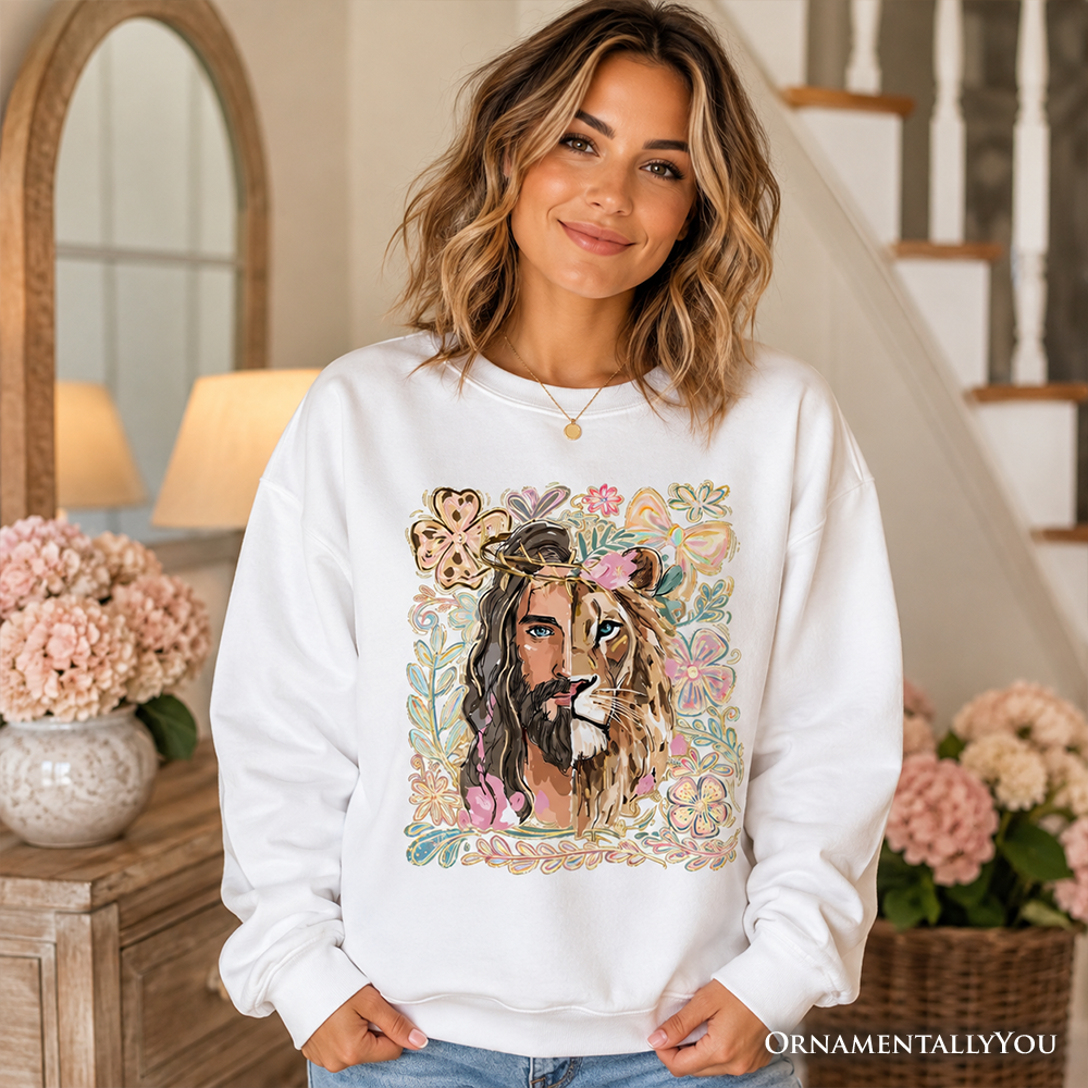 Lion of Judah Christian Sweatshirt, Floral Jesus Religious Faith Sweater