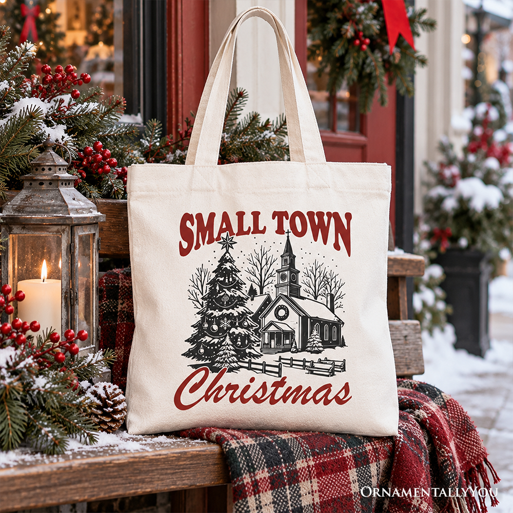 Small Town Christmas Vintage Tote Bag, Rustic Winter Church Gift Shopper