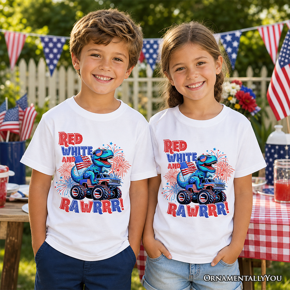 Patriotic Dinosaur Monster Truck T-Shirt for Kids, 4th of July Tee