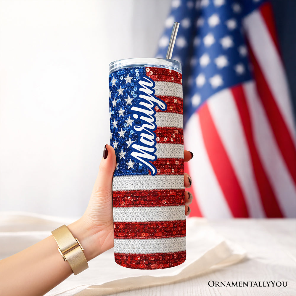 American Flag Sequin Print 20oz Personalized Patriotic Tumbler