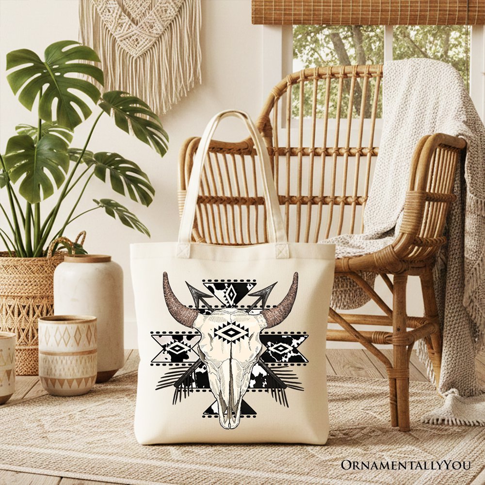 Aztec Tribal Bull Skull Canvas Tote Bag, Western Boho Shopper