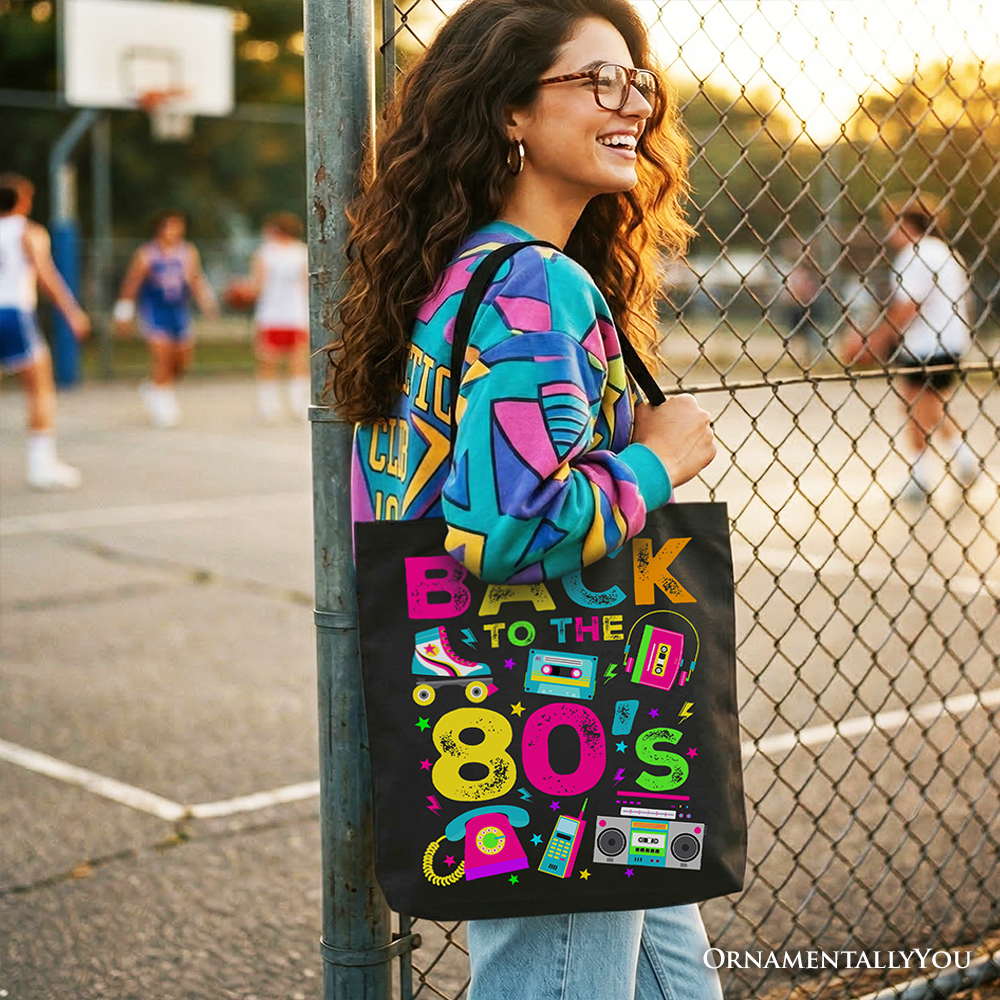 Back To The 80s Retro Tote Bag, Colorful Abstract Cotton Shopper
