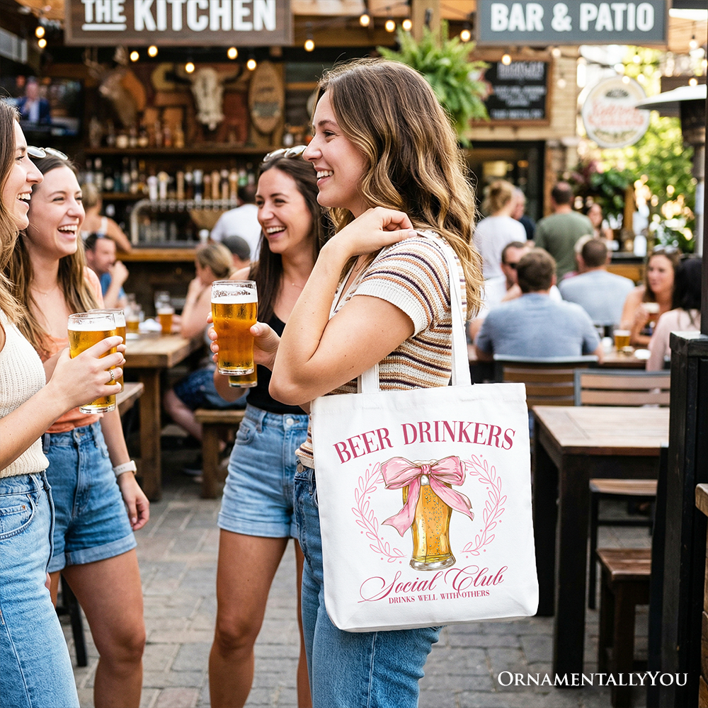 Beer Drinkers Social Club Tote Bag with Pink Coquette Bow Design