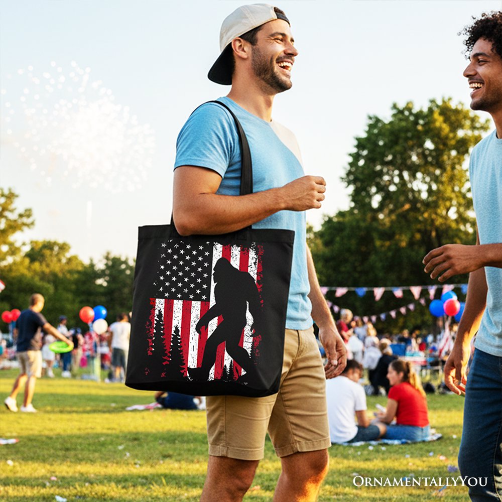 Bigfoot American Flag Canvas Tote Bag, Patriotic Gift Shopper