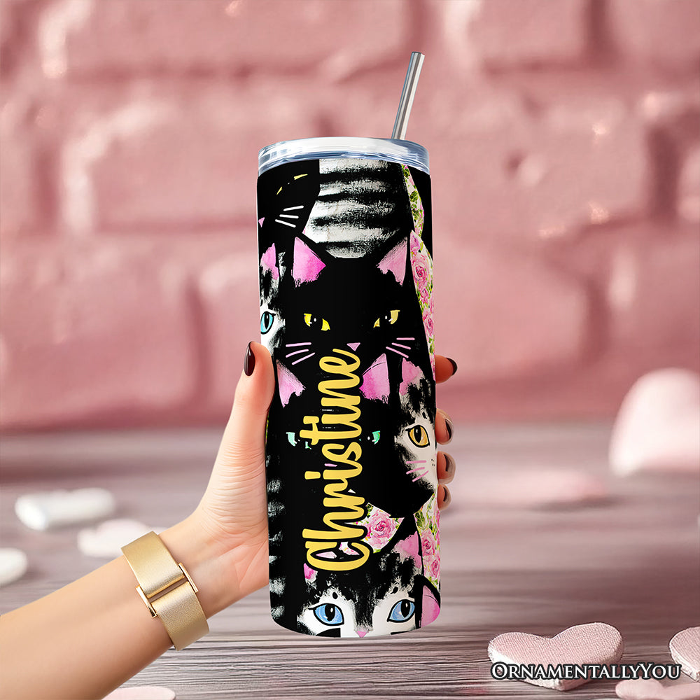 Black Cats and Pink Rose Floral 20oz Personalized Travel Tumbler