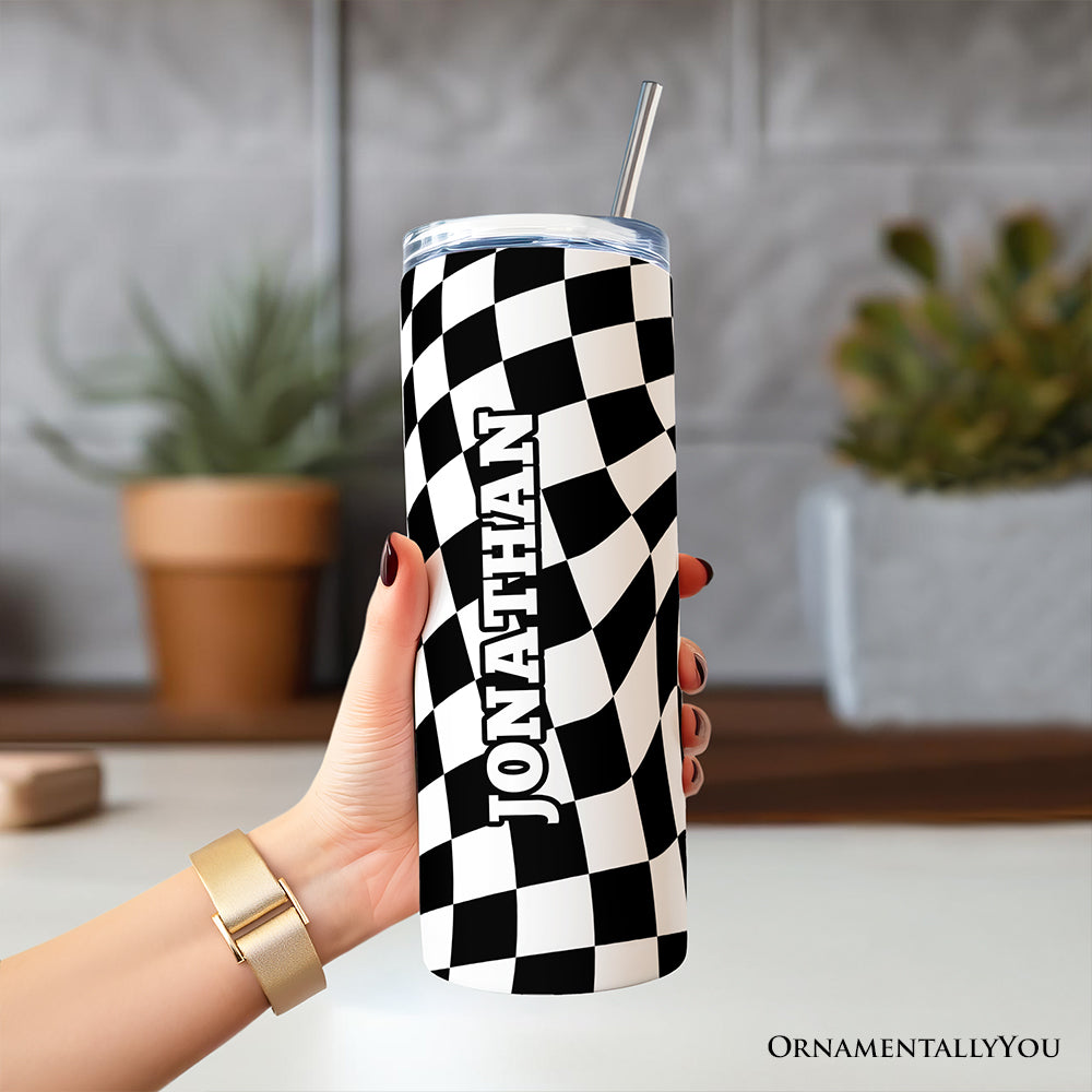 Black and White Checkerboard Swirl 20oz Travel Tumbler with Straw
