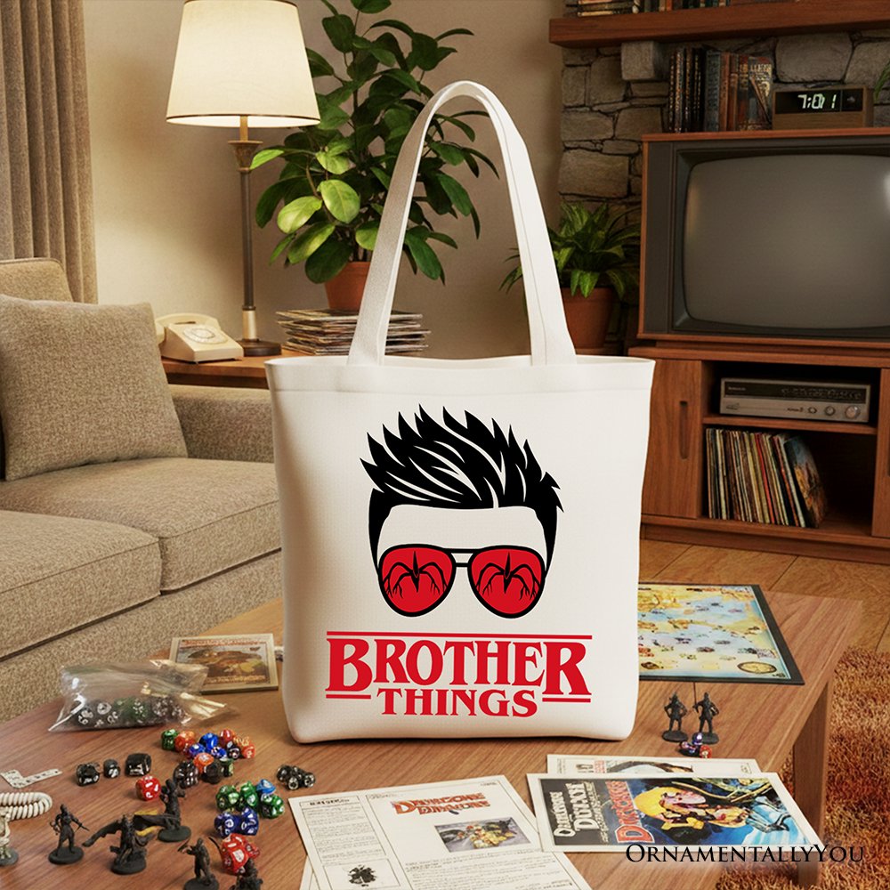Brother Things Retro Canvas Tote Bag, Red Glasses Family Shopper