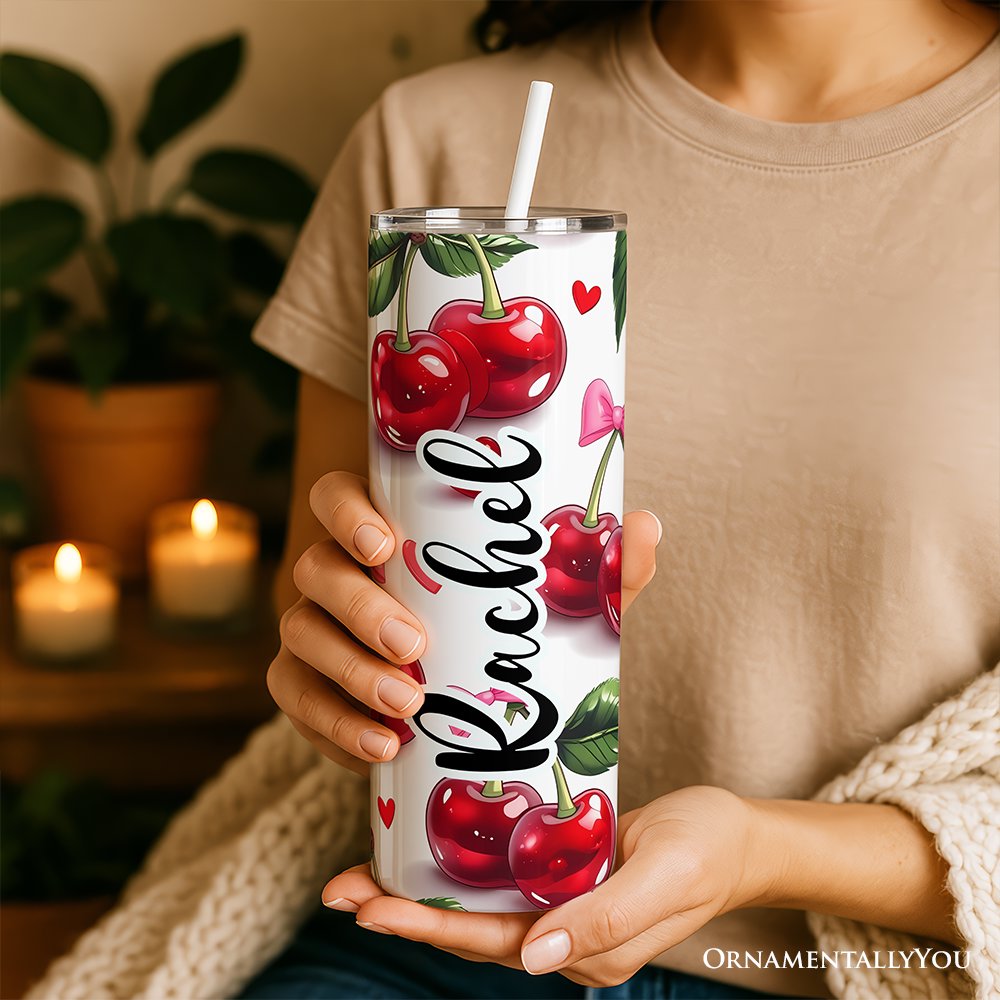 Cherry Bow Pattern 20oz Personalized Tumbler, Valentines Gift