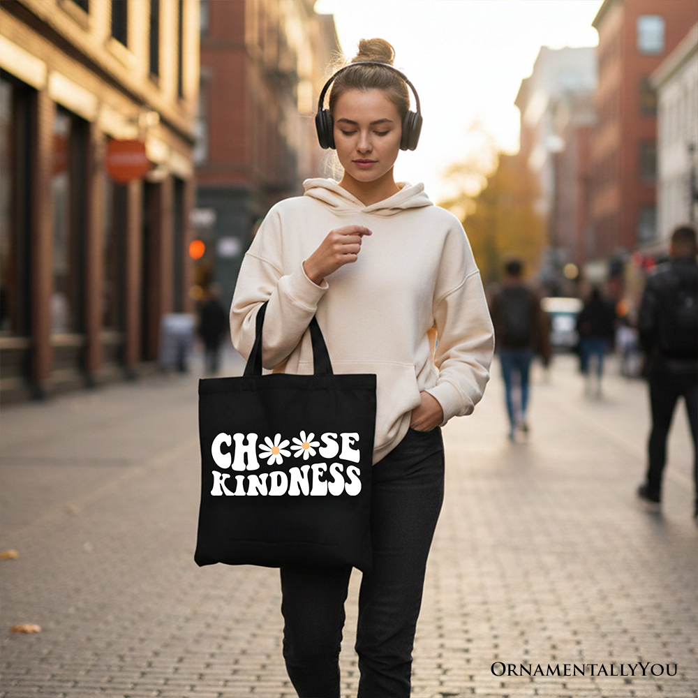 Choose Kindness Daisy Tote Bag Retro Bohemian Cotton Shopper
