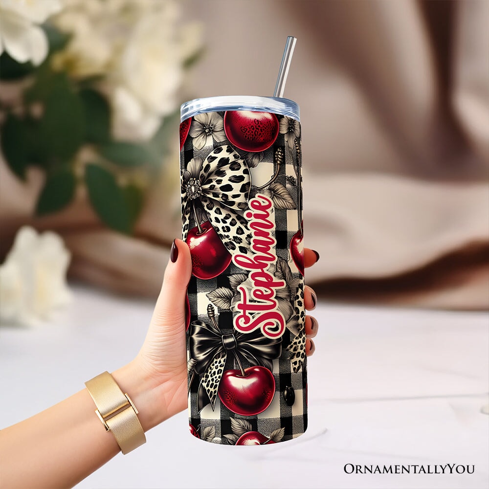 Coquette Cherry & Bows 20oz Personalized Tumbler, Vintage Plaid