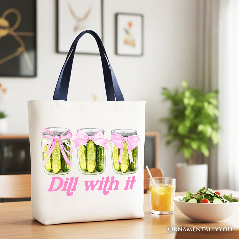 Coquette Pickle Tote Bag with Pink Bow, Funny Canvas Shopper
