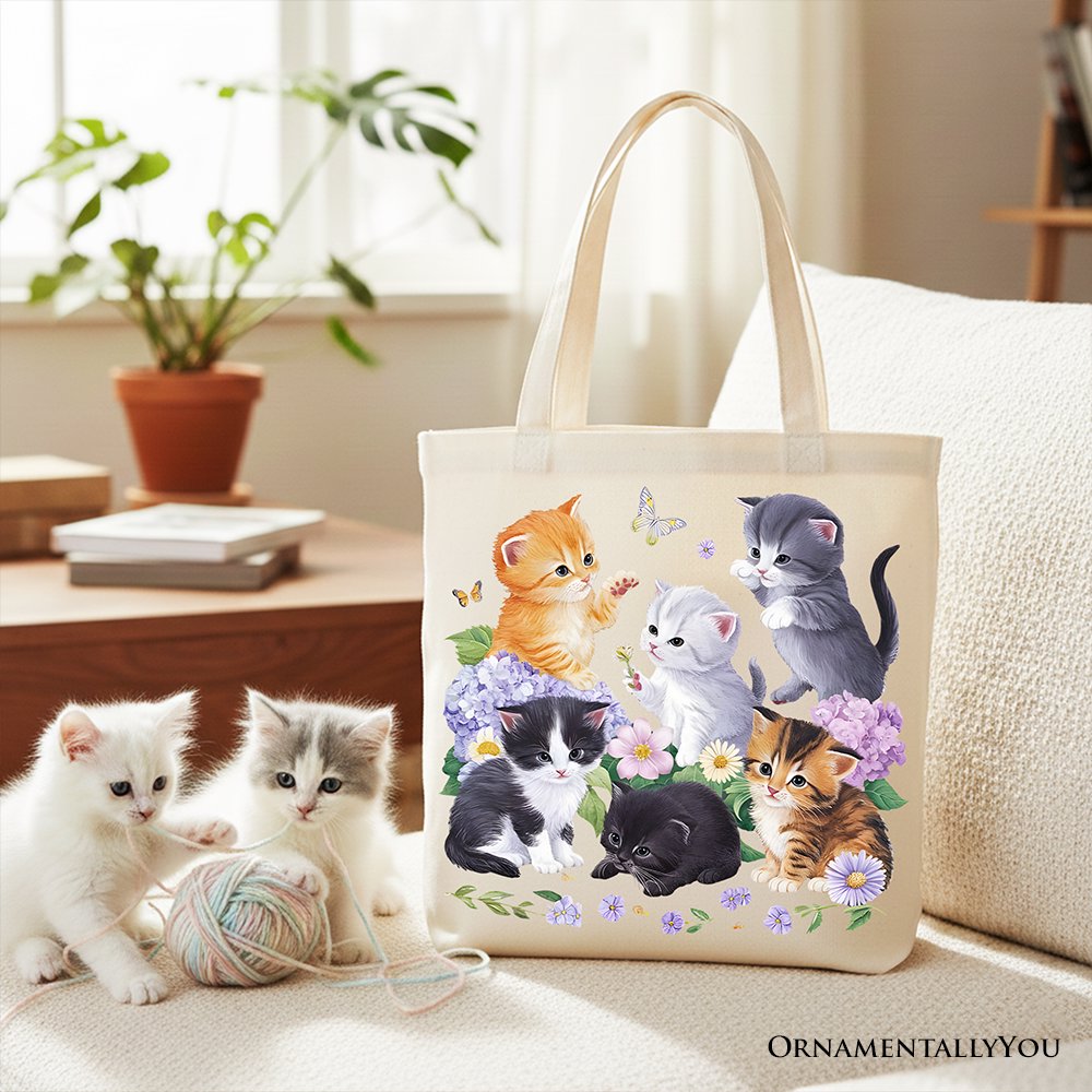 Cute Baby Cats Wildflower Tote Bag, Cottagecore Botanical Cat Gift Shopper