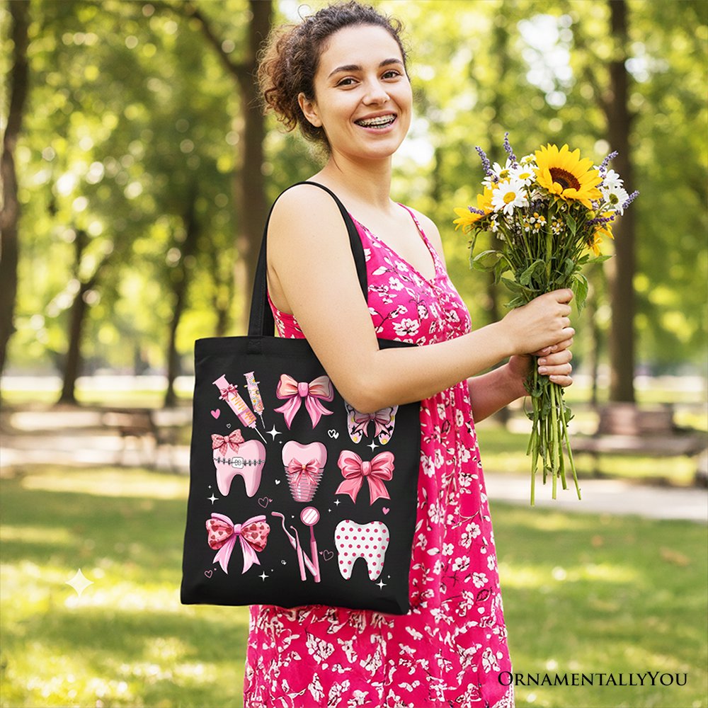 Coquette Canvas Tote Bag, Pink Teeth Dentist Life Bow Shopper