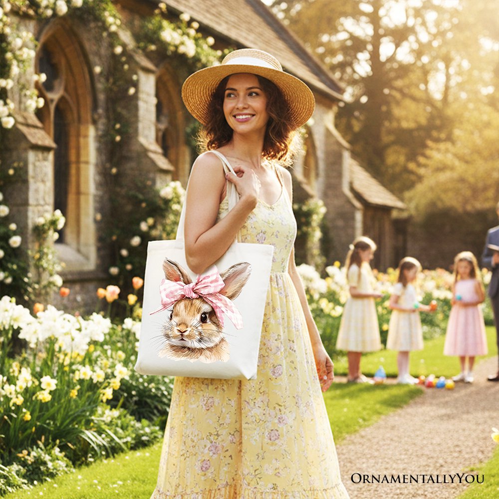 Easter Bunny Coquette Pink Bow Tote Bag Watercolor Gift Shopper