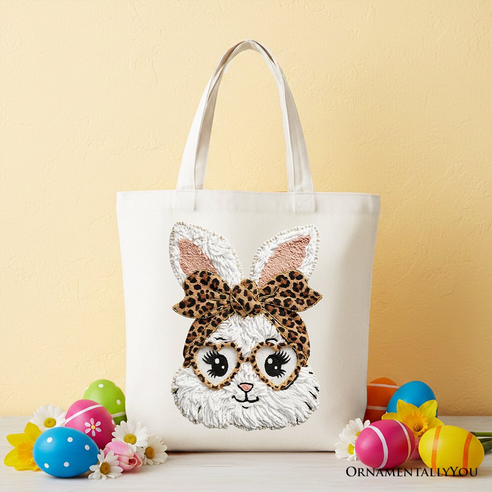 Easter Bunny Leopard Bow Tote Bag, Coquette Faux Embroidery Shopper