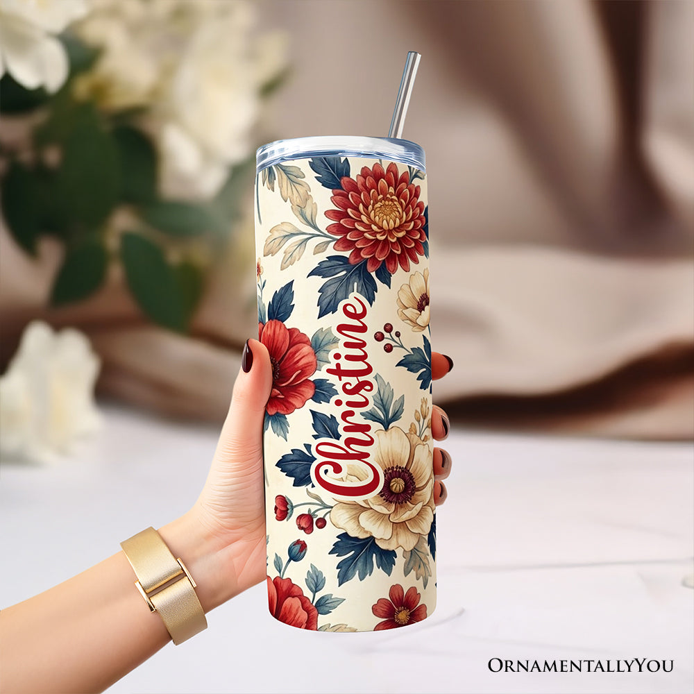 Red and Cream Floral 20oz Personalized Tumbler with Straw