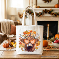 Fall Highland Cow Messy Bun Howdy Autumn Canvas Tote Bag