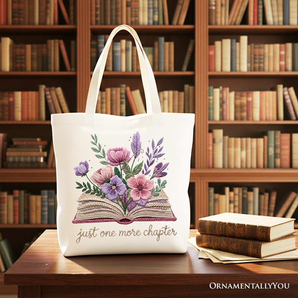 Floral Book Print Cotton Tote Bag - Boho Library Shopper