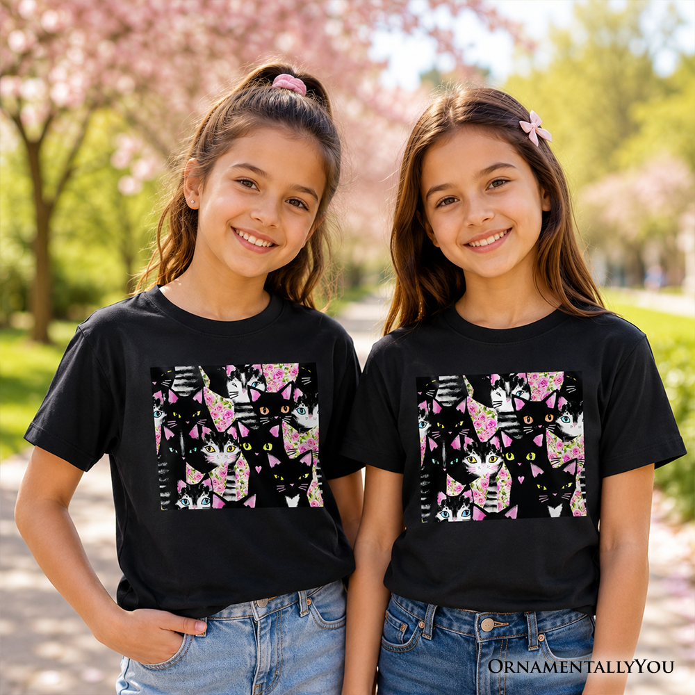 Floral Cat Pattern Kids T-Shirt, Cute Kitten Collage Tee