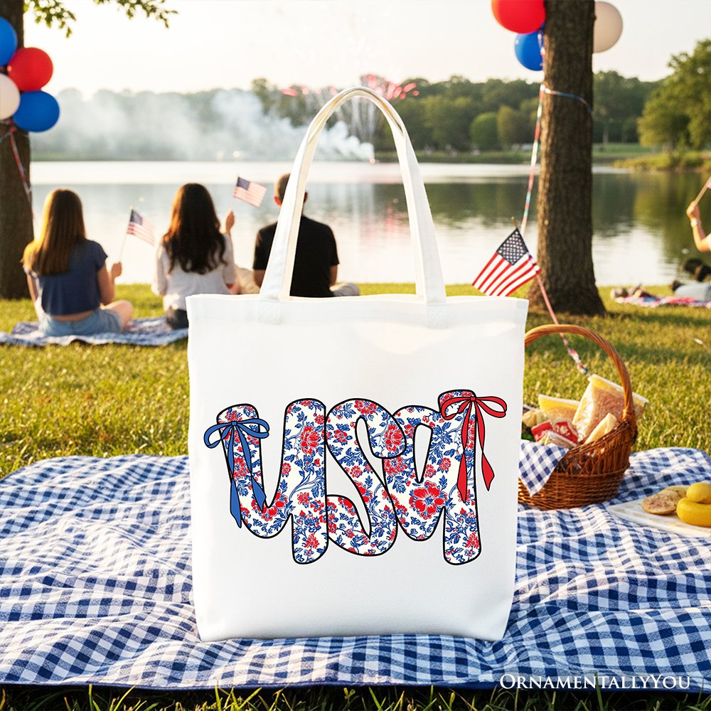 Floral USA Patriotic Canvas Tote Bag - Red, White and Blue Shopper