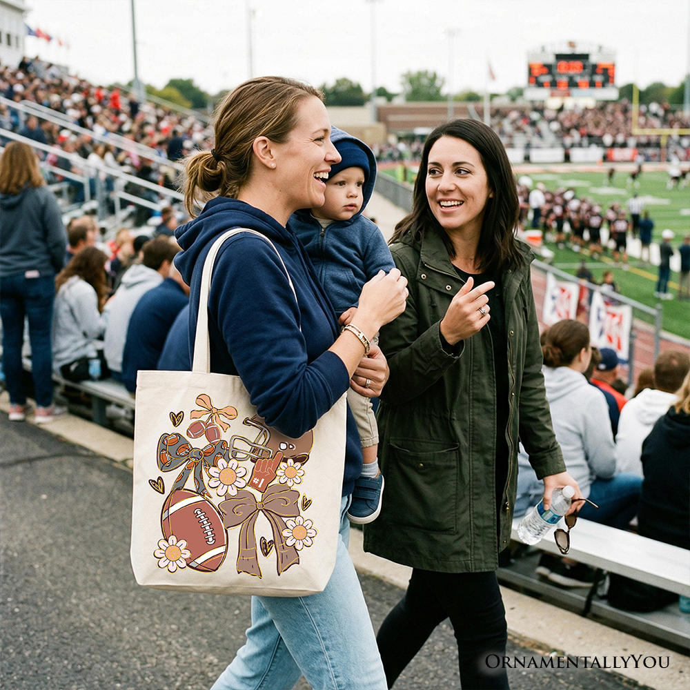 Football Mom Coquette Bow Daisy Game Day Canvas Tote Bag