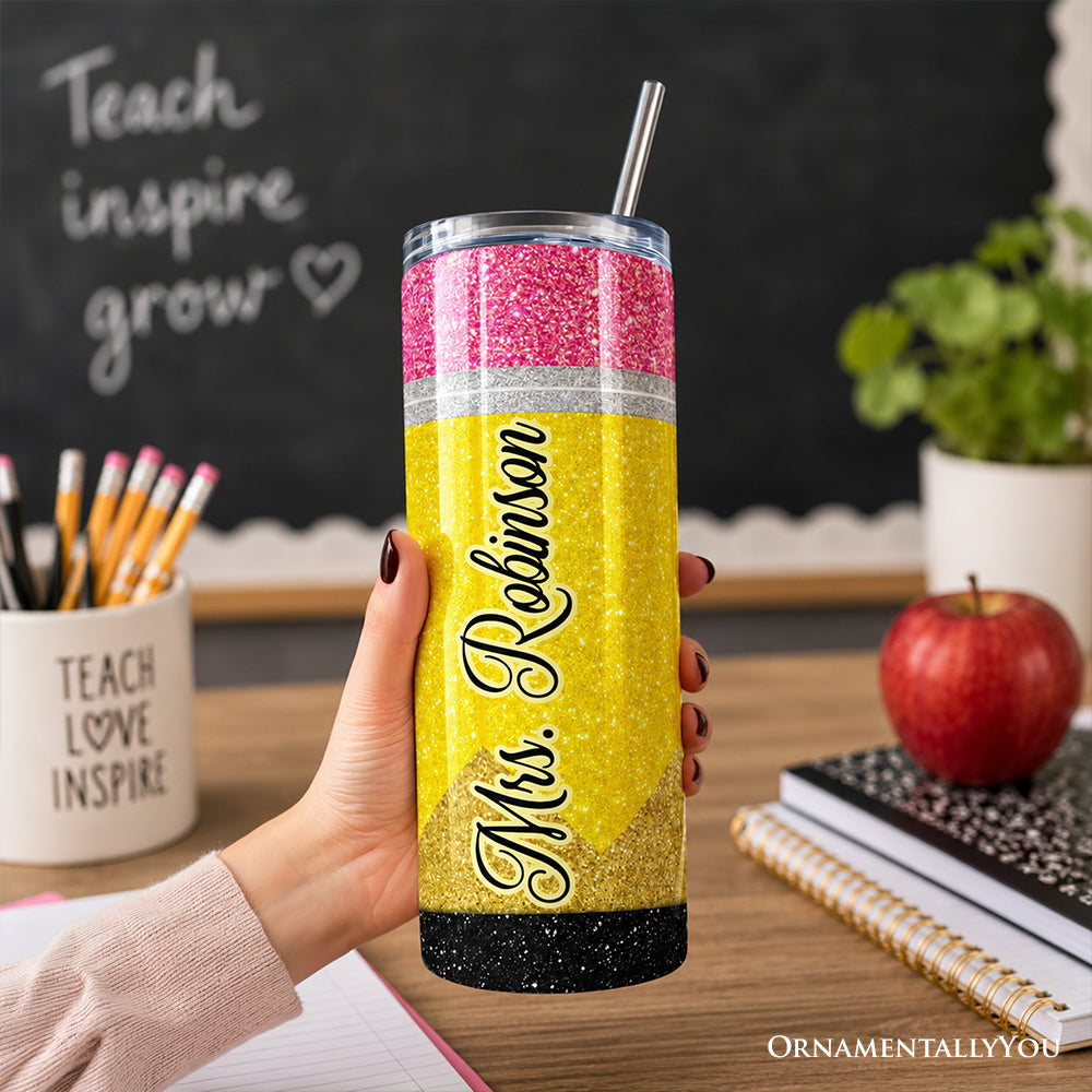 Glitter Pencil Personalized 20oz Travel Tumbler with Metal Straw