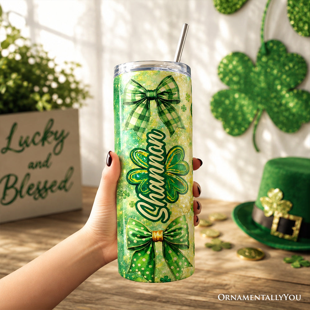 Green Shamrock Bow Pattern 20oz Personalized Tumbler with Straw
