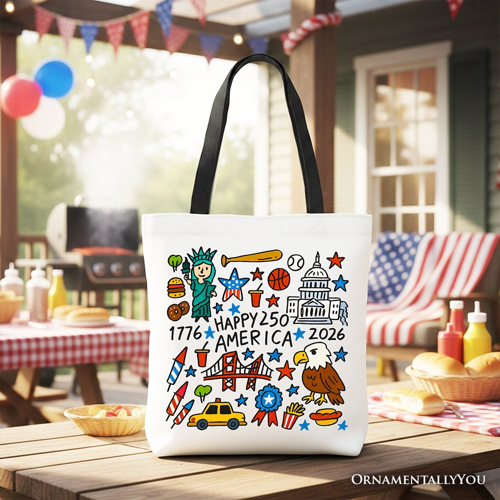 Happy 250 America Doodle Cotton Tote Bag USA Patriotic Anniversary