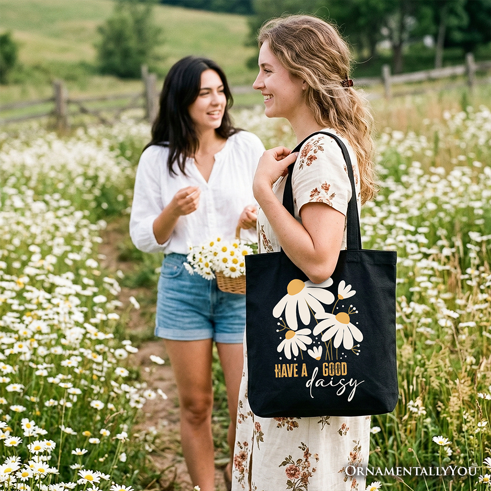 Have a Good Daisy Floral Tote Bag, Retro Bohemian Cotton Shopper