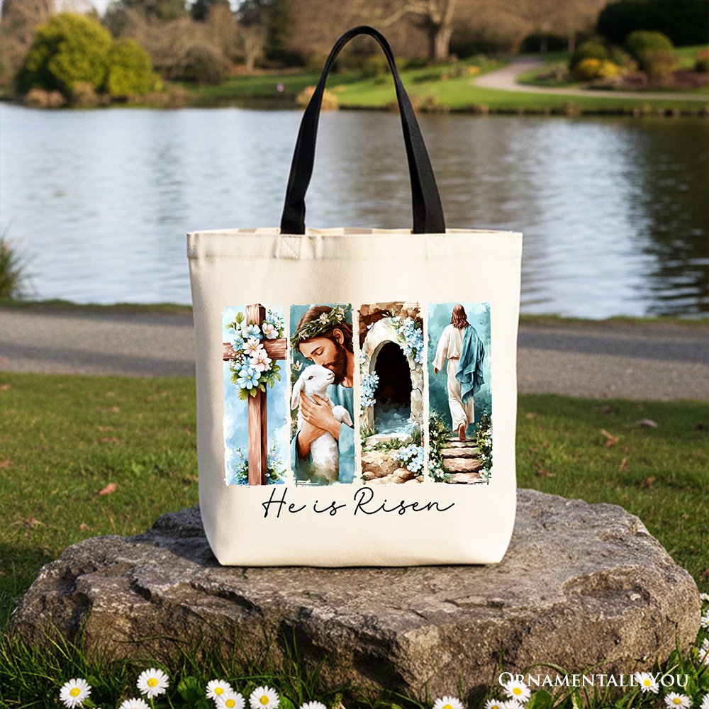 He Is Risen Christian Brushstroke Canvas Tote Bag Easter Gift