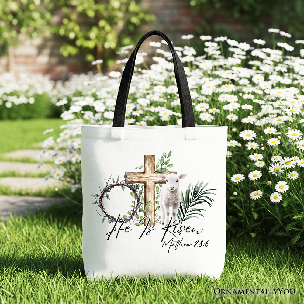 He Is Risen Lamb Cross Easter Tote Bag, Christian Gift Shopper
