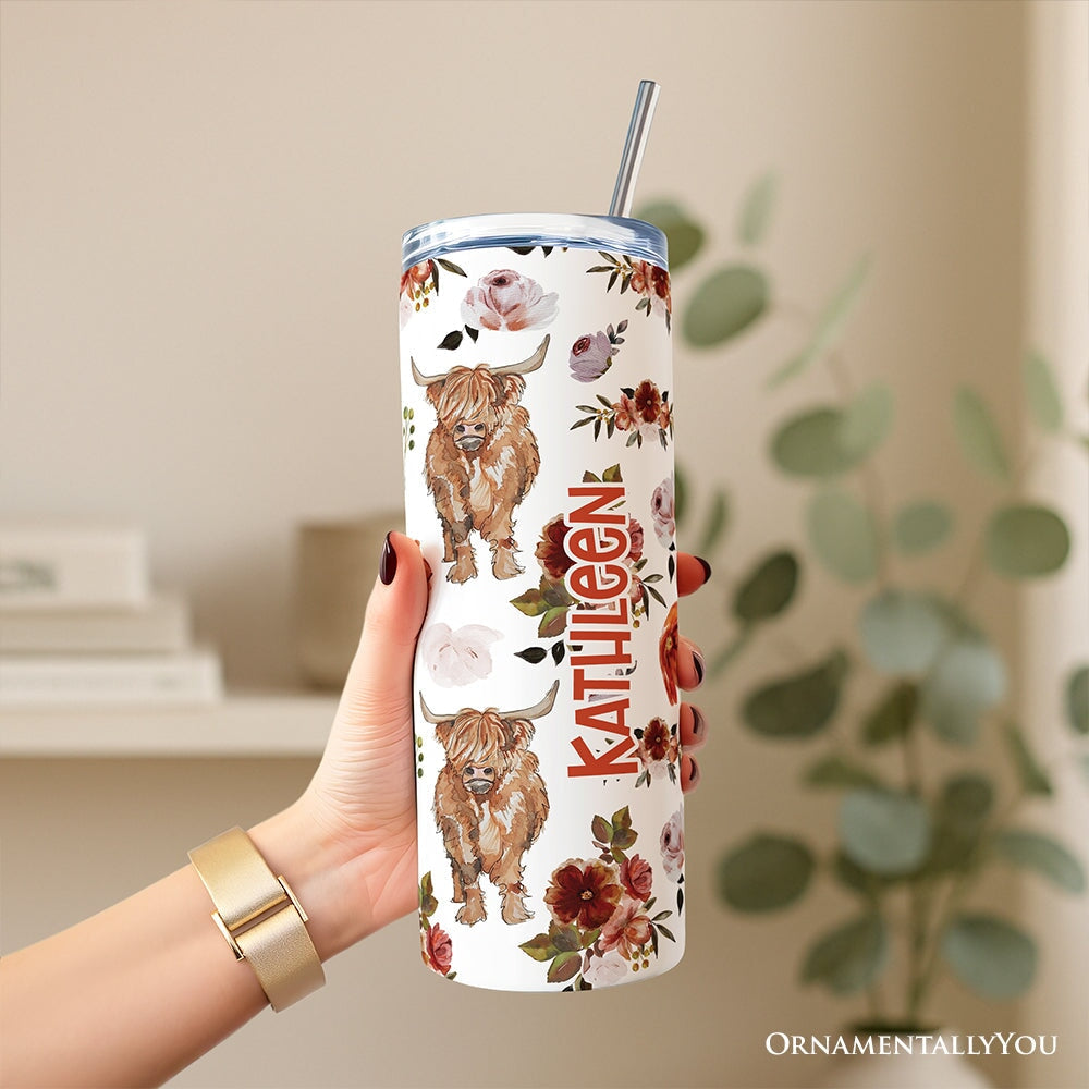 Personalized Highland Cow Floral 20oz Tumbler, Western Farmhouse