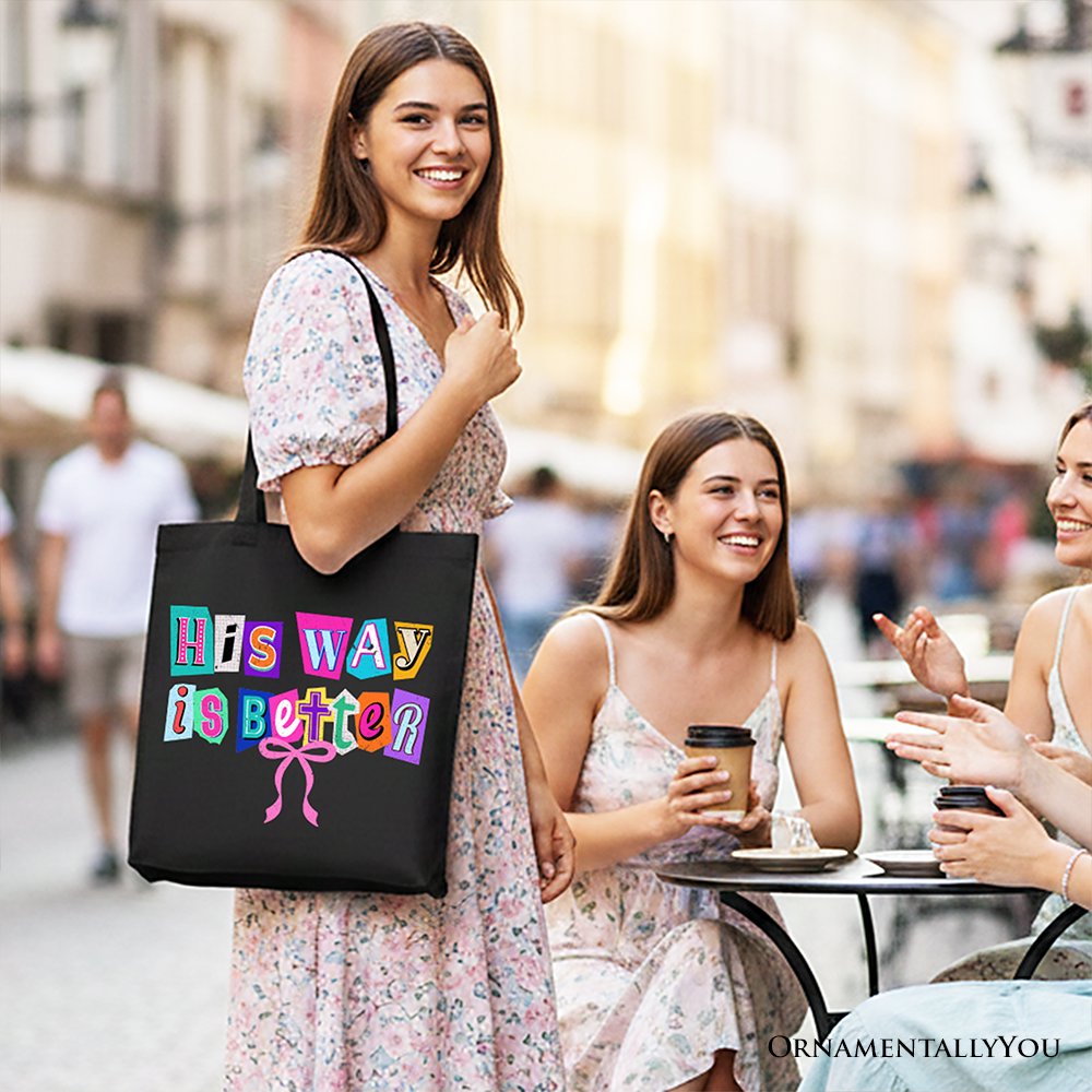 His Way Is Better Canvas Tote Bag, Retro Preppy Coquette Faith