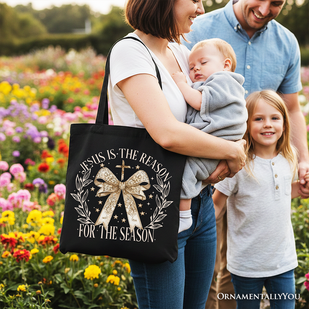 Jesus Is the Reason Christmas Tote Bag, Coquette Gold Bow Cross