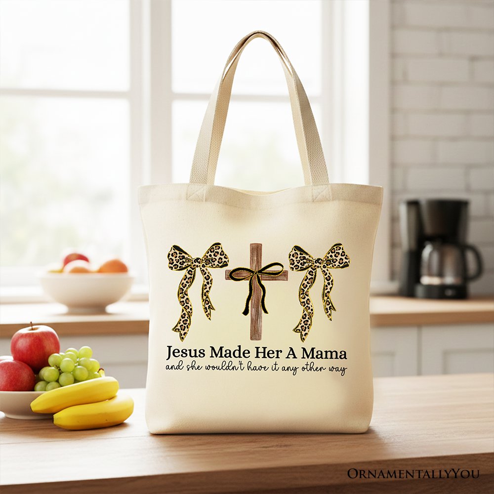 Jesus Made Her A Mama Tote Bag Coquette Christian Leopard Bows