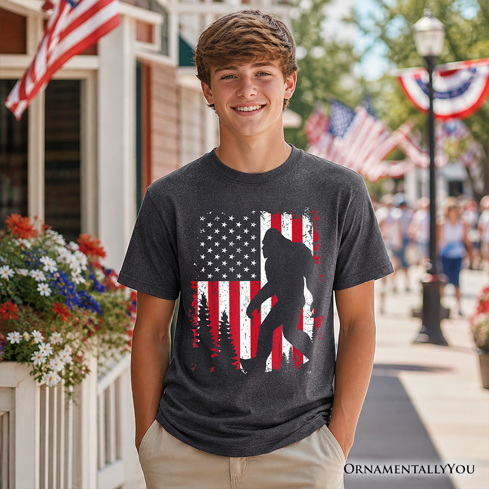 Kids Bigfoot American Flag T-Shirt Patriotic Sasquatch Youth Tee