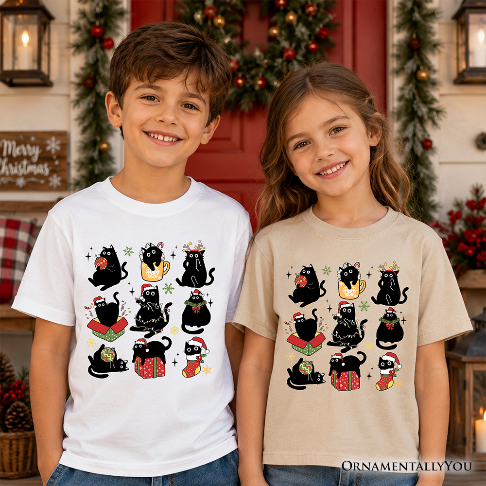 Kids Black Christmas Cat T-Shirt, Whimsical Santa Hat Tee