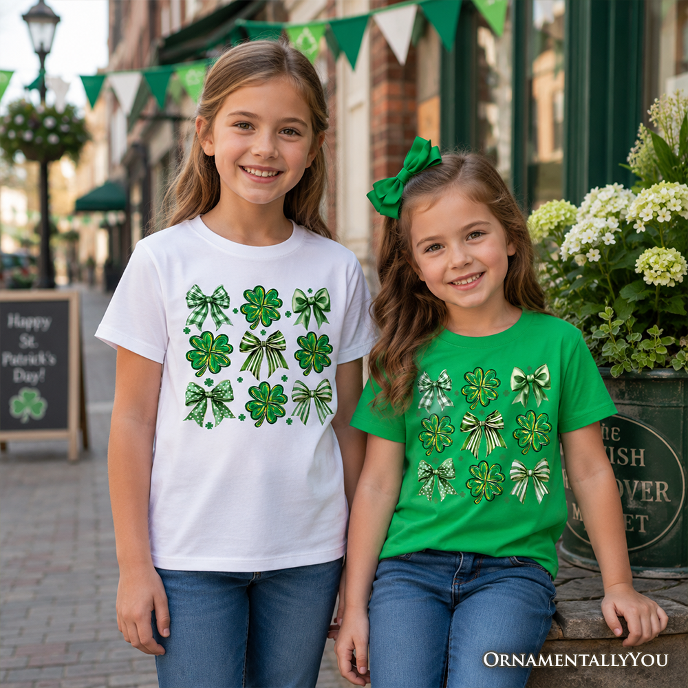 Coquette Clover Bows St. Patrick's Day T-Shirt for Kids
