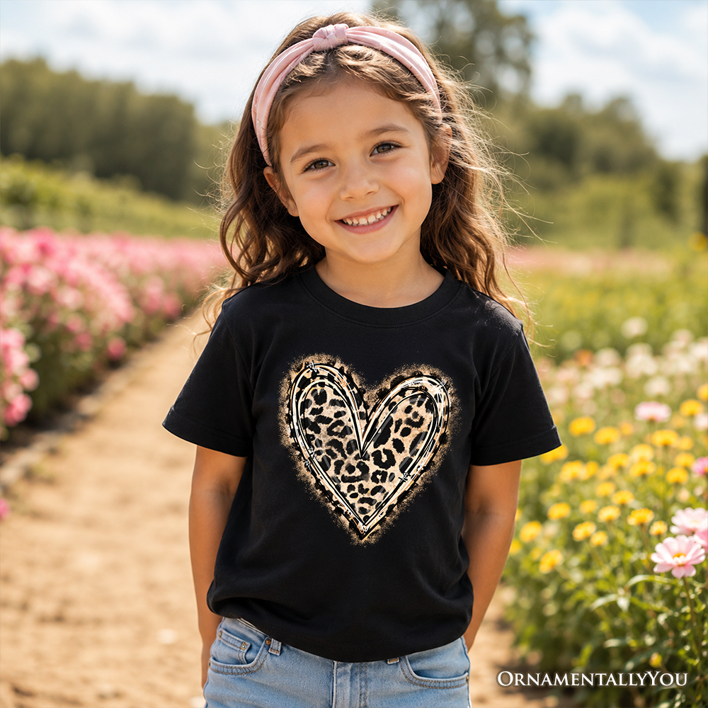 Kids Leopard Heart Valentine T-Shirt, Watercolor Love Tee