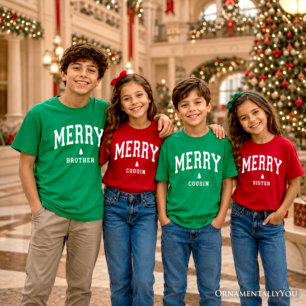 Kids Merry Cousin Retro Christmas T-Shirt, Matching Family Holiday Youth Tee