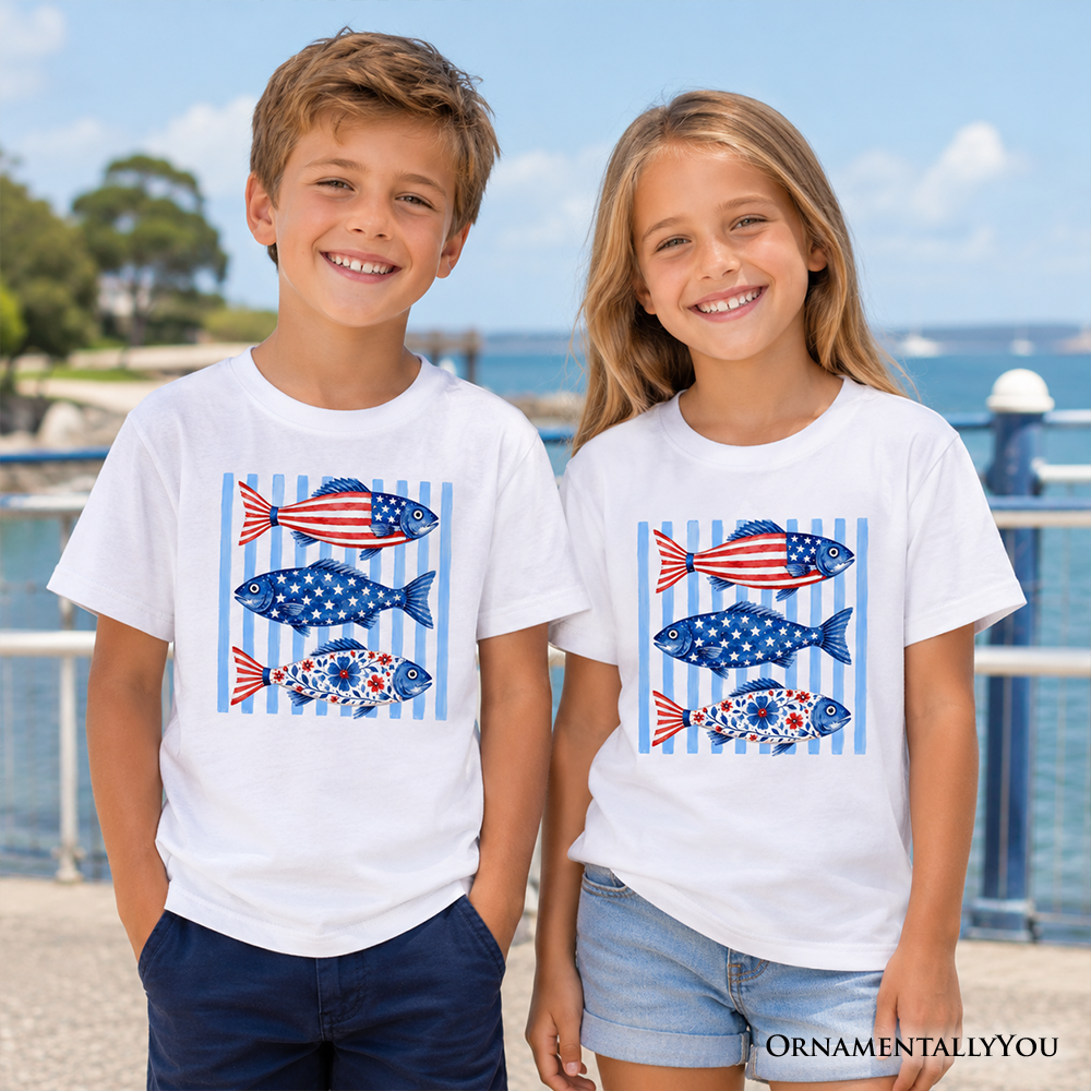 Patriotic Fish Striped T-Shirt for Kids - 4th of July Beach Youth Tee