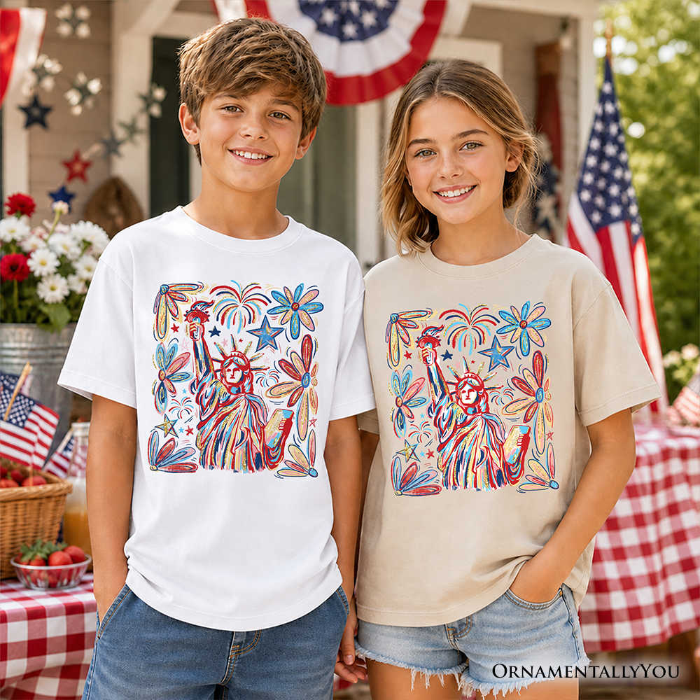 Kids Patriotic Statue of Liberty Fireworks 4th of July T-Shirt