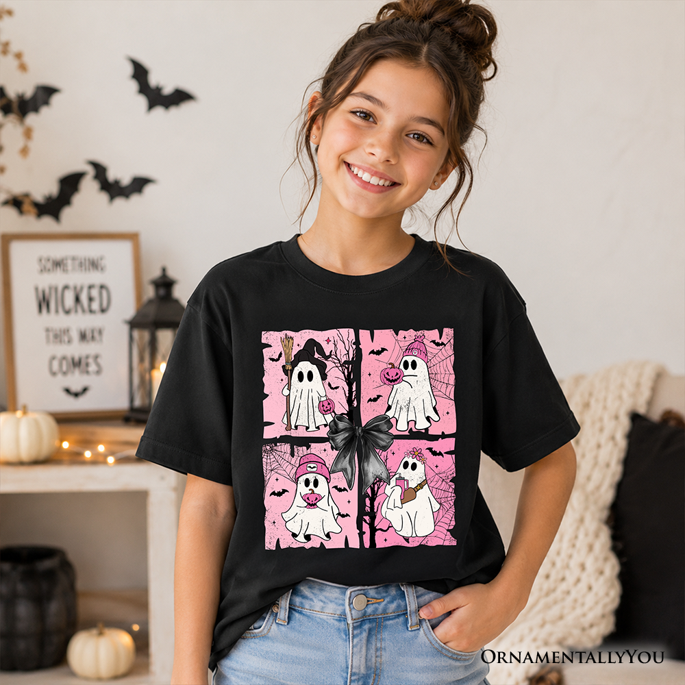 Kids Pink Halloween Ghost T-Shirt, Coquette Spooky Season Tee
