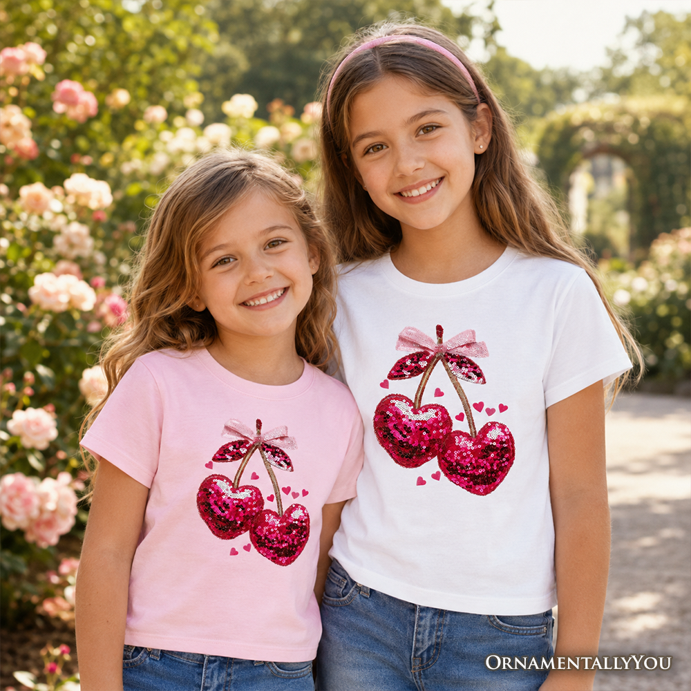 Kids Pink Cherry Heart Valentine T-Shirt, Sequin Coquette Tee