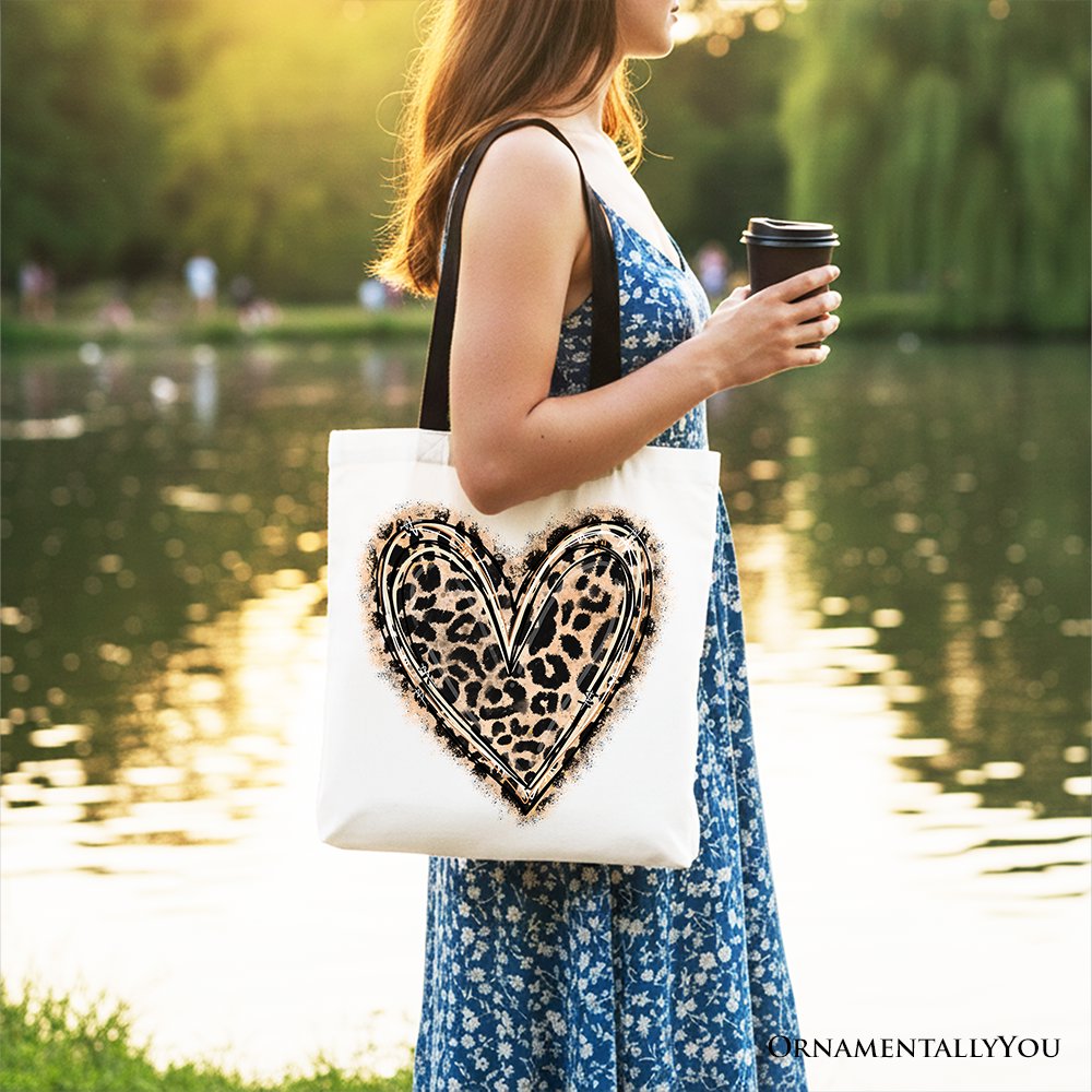 Leopard Heart Valentine Canvas Tote Bag, Leopard Print Shopper