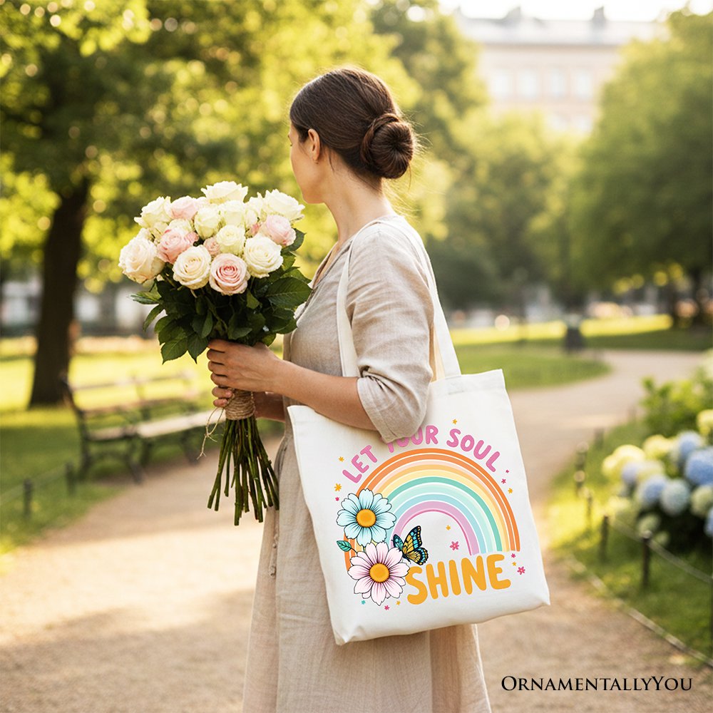 Let Your Soul Shine Rainbow Floral Cotton Tote Bag Retro Shopper