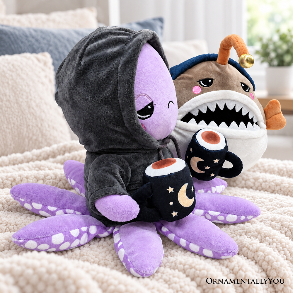 Lumi Anglerfish and Inky Octopus Plush Set, 9.7" Deep Sea Stuffed Animal Friends with Cocoa Mugs