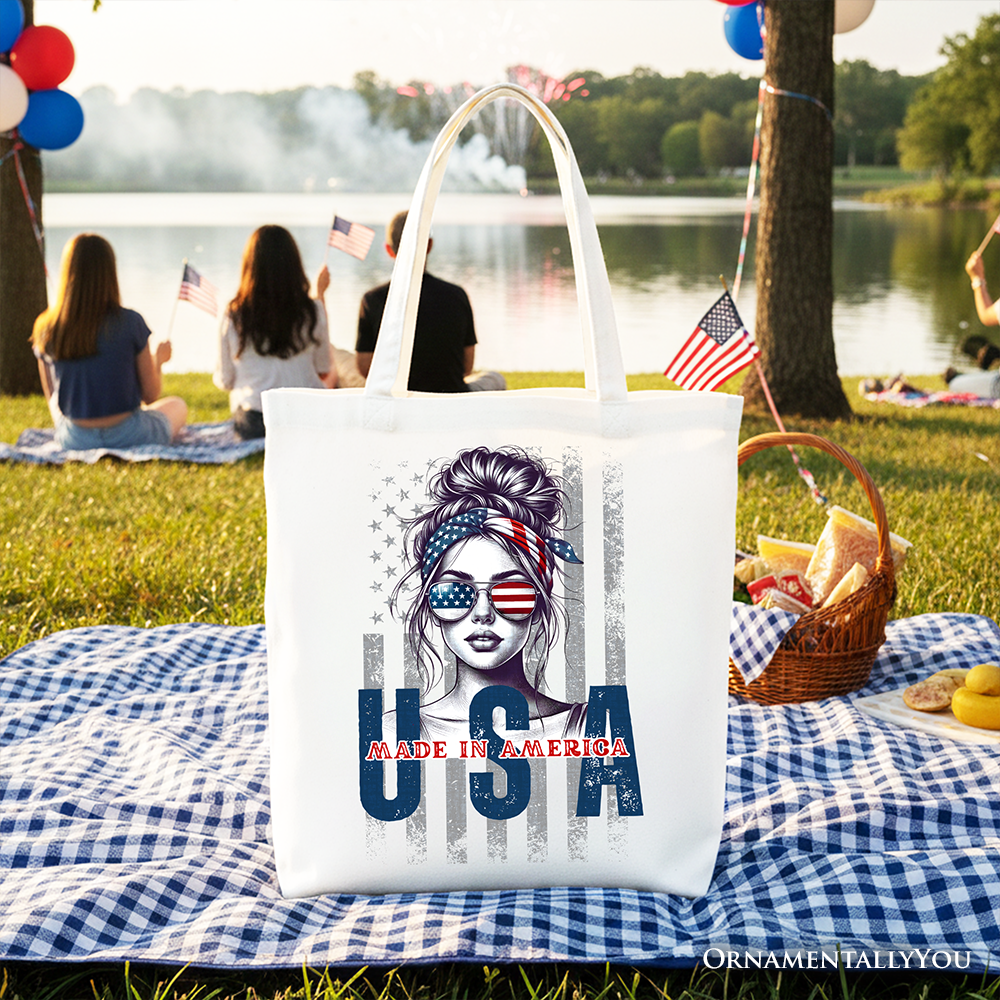 Messy Bun Patriotic Tote Bag Retro 4th of July White Shopper